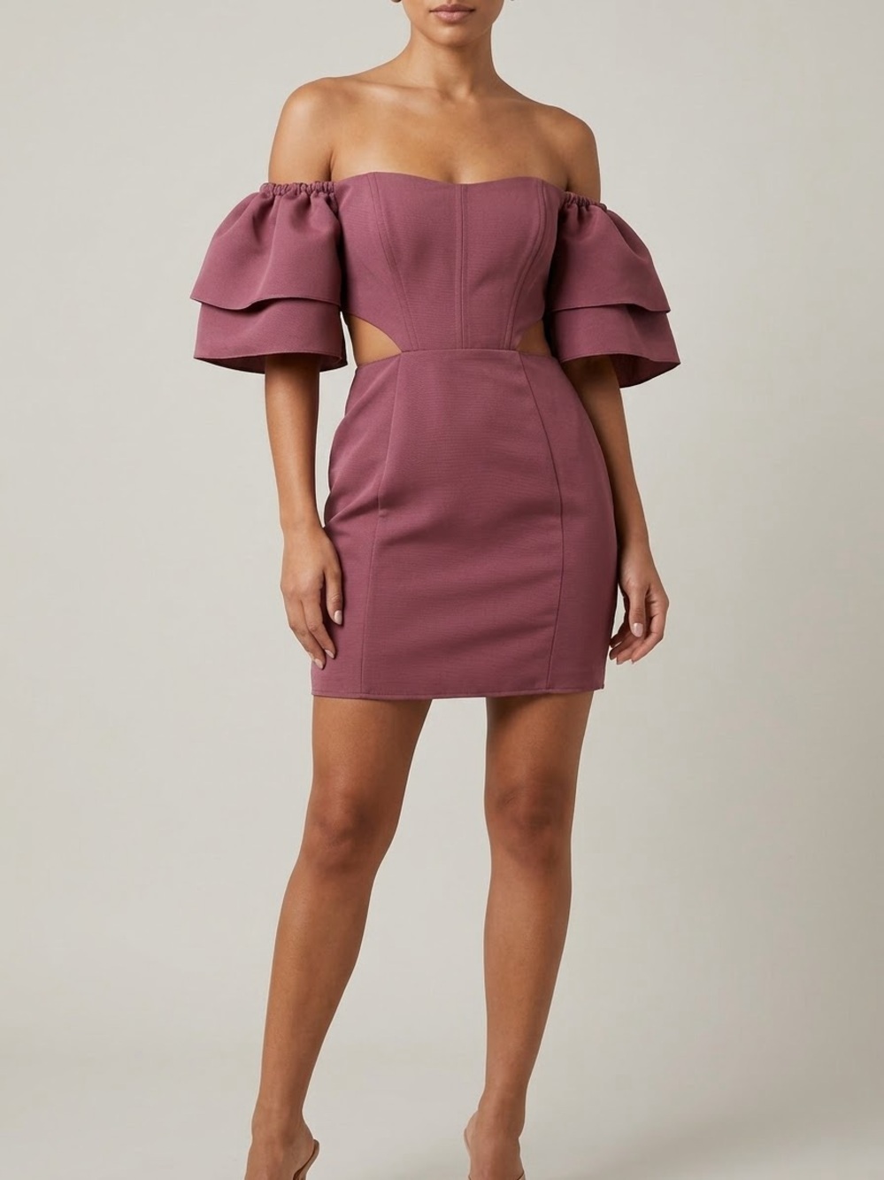 ASOS DESIGN Petite Off-the-Shoulder Cutout Mini Dress in Mauve / Plum NWT US 6